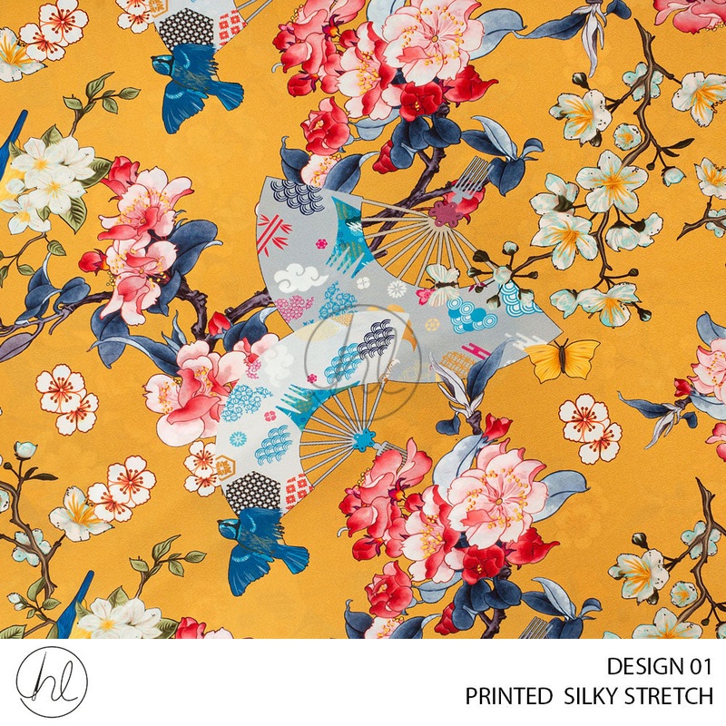 Printed Silky Stretch Shengai 51 Gold Design 01 150cm Per M