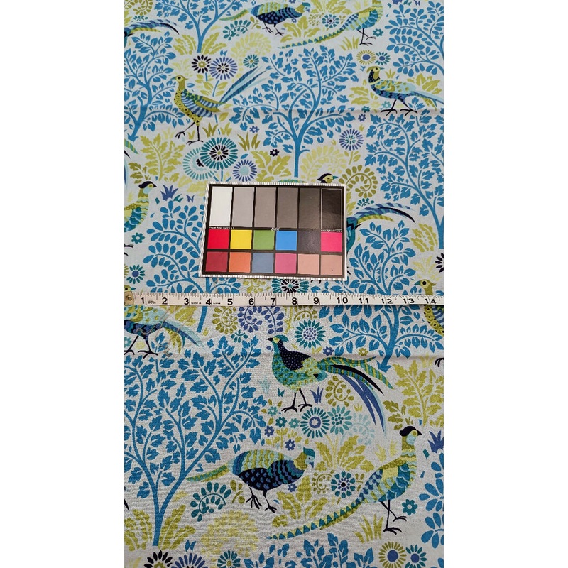 Aqua/Chartreuse Pheasant & Botanical Print Quilting Cotton Woven Fabric 43"W - 1 1/4 yds