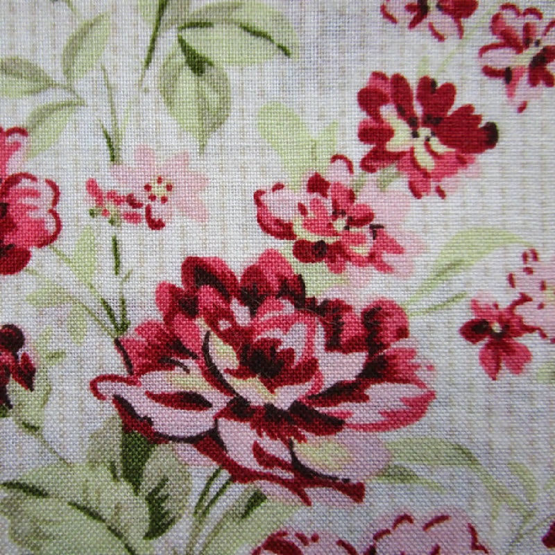 Floral Cotton Quilting Fabric, Dark Red Roses on Beige Stripes, 43" x 36"