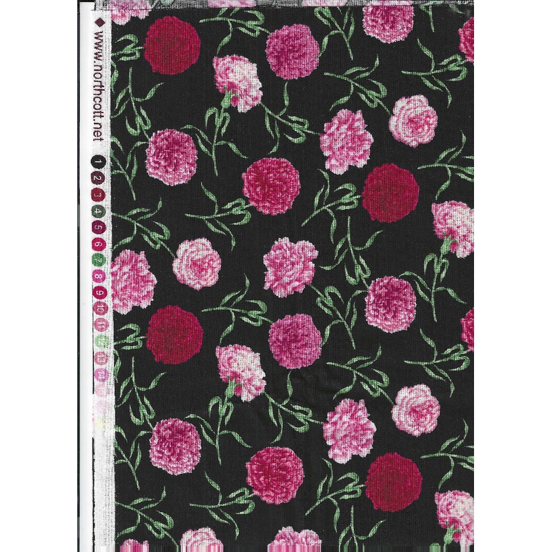 Pink Carnations on Black, Flower of the Moth by Northcott - 0.50 yards cotton