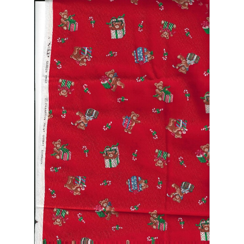 Teddy Bears and Candy canes on Red Fabric by VIP Screen Print, Cranston Print Words - 1.50+ yards cotton