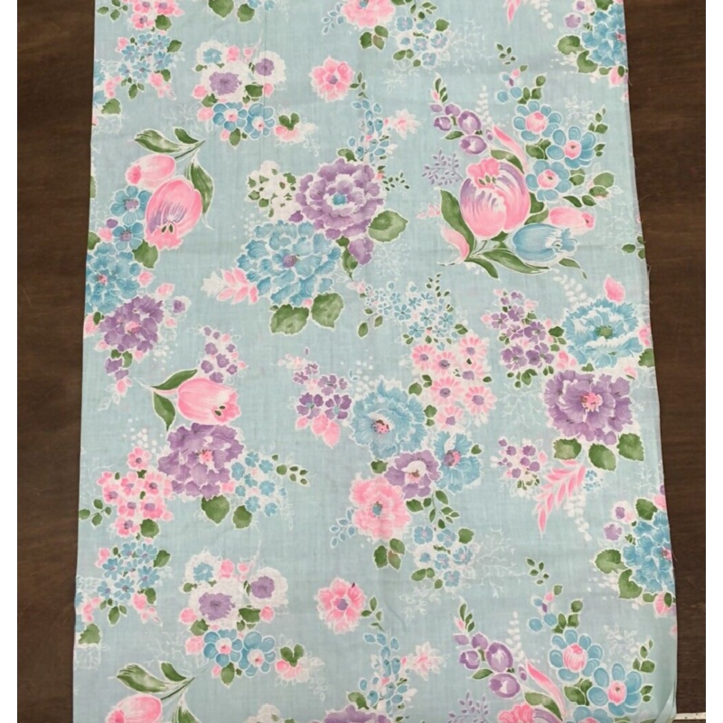 Vintage 60s 70s Retro Icy Blue Floral Pink Purple White Fabric Remnant 30"x35"
