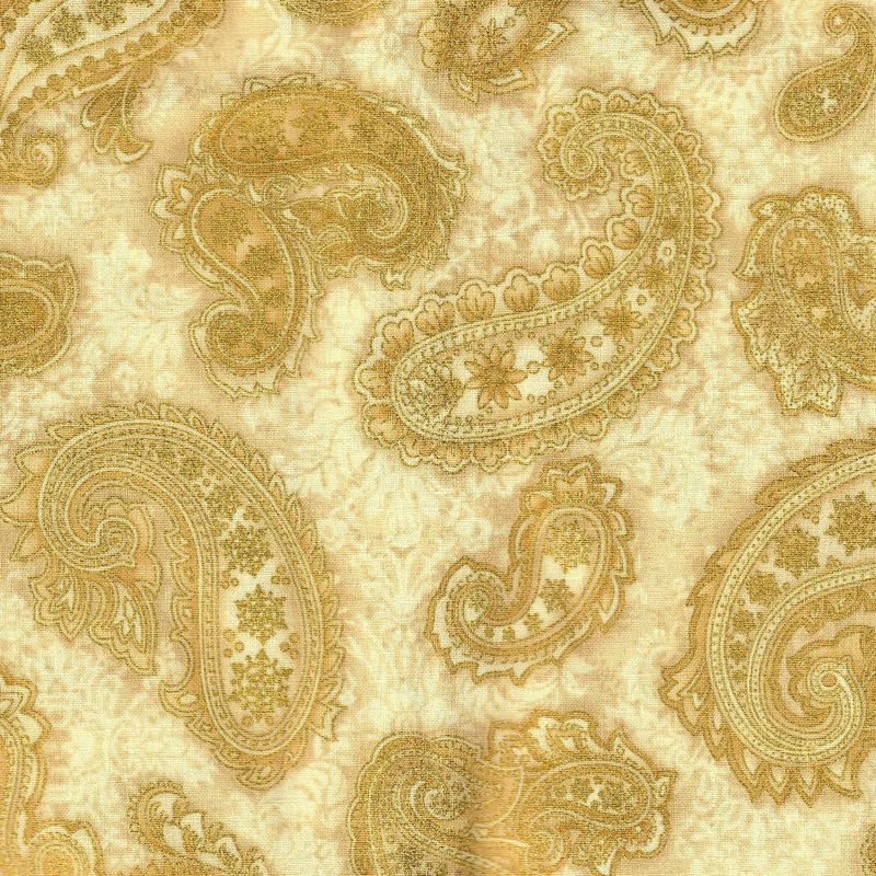 FABRIC Holiday Flourish Gold Metallic Paisley on Cream 2 yds #33c