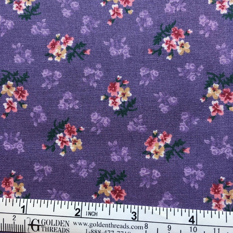 FABRIC Pink Gold Flowers on Purple 1.11 yd #55a
