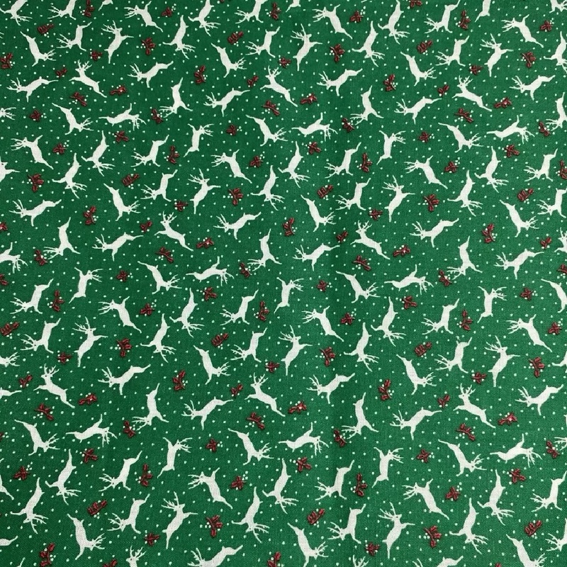 Green Christmas Fabric White Reindeer 44 Wide 1 Yard + Quilting Crafts Cotton