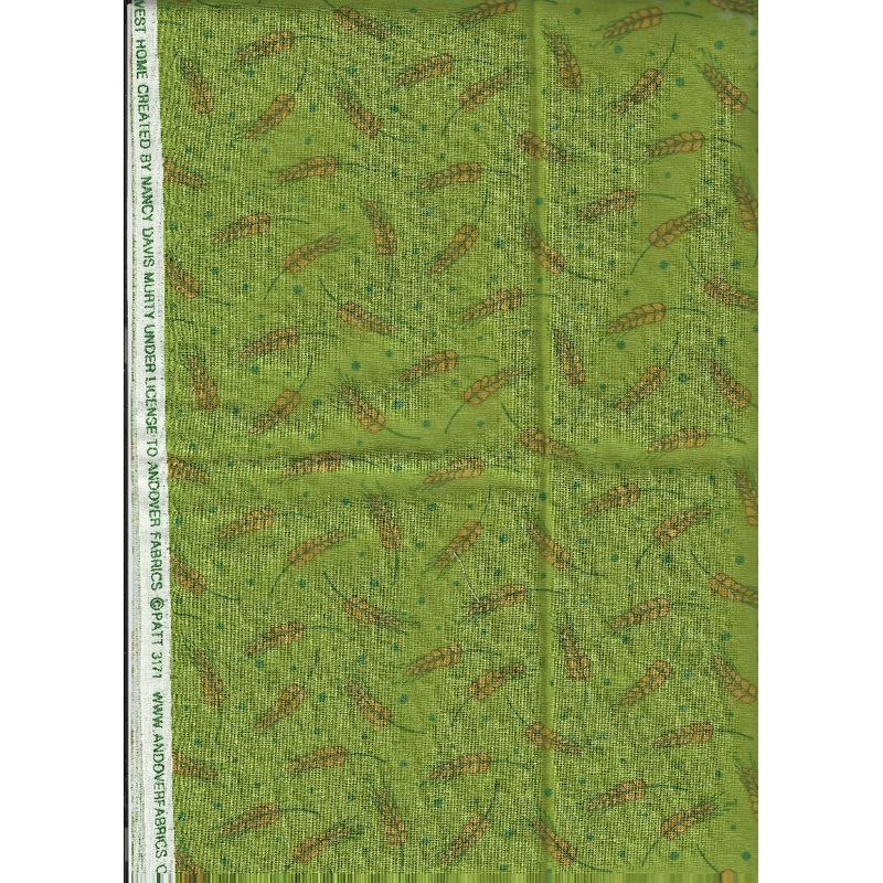 Harvest Home by Nancy Davis Murty for Andover Fabrics, Wheat Plant on Green cotton - 0.50 yard