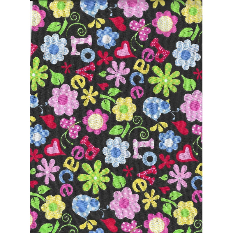 Love and Peace Flowers on Black Fabric - 1 yard