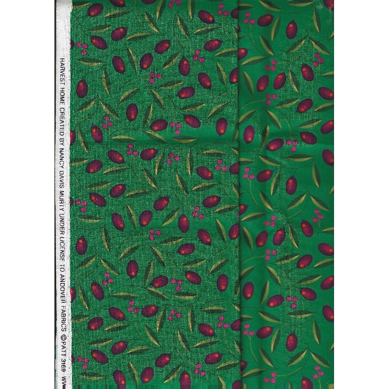 Red Berry on Green fabric, Harvest Home by Nancy Davis Murty for Andover Fabrics - 0.50 yard cotton
