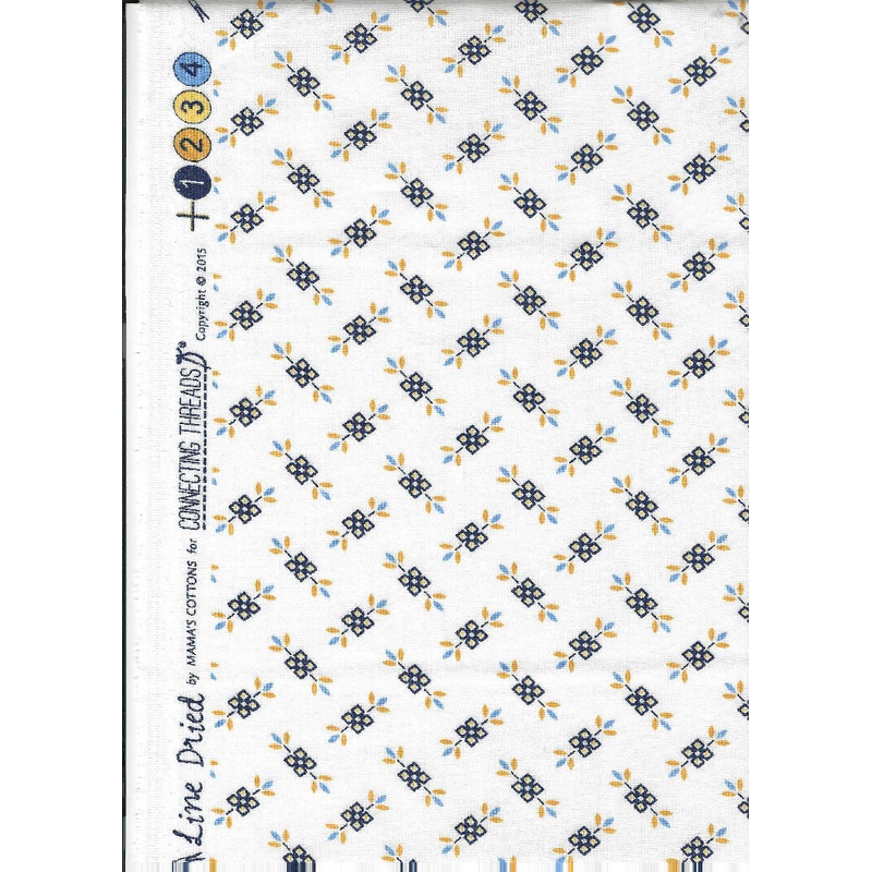 Black/Blue/Yellow designs on White Fabric - Line Dried by Mama's Cottons for Connecting Threads - 0.50 yards