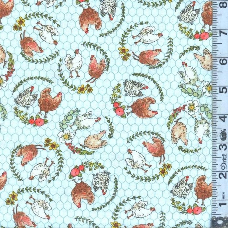 Cottontail Farm Chickens on Wire Blue 21540
