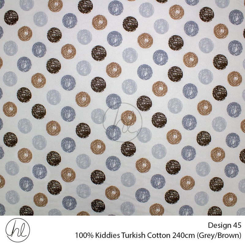 100% Kiddies Turkish Cotton Design 45 240cm Per M Grey/Brown