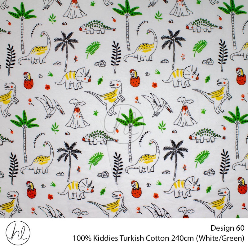 100% Kiddies Turkish Cotton Design 60 240cm Per M White/Green