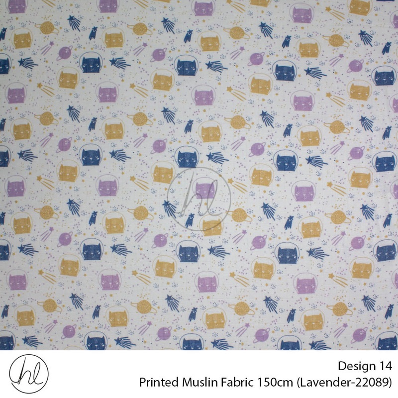 MUSLIN PRT SPACE CATS  LAVENDER ROLL ROLL 001