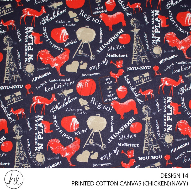 PRINTED COTTON CANVAS DESIGN 14 150CM PER M CHICKEN NAVY