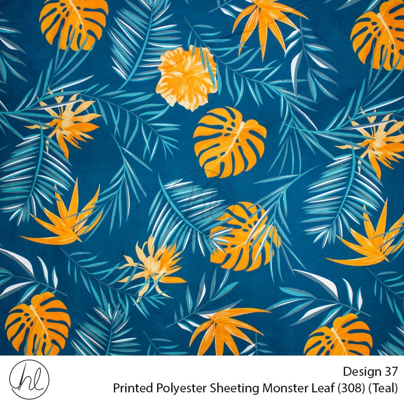 Printed Polyester Sheeting 240cm Monster Leaf Teal Per m