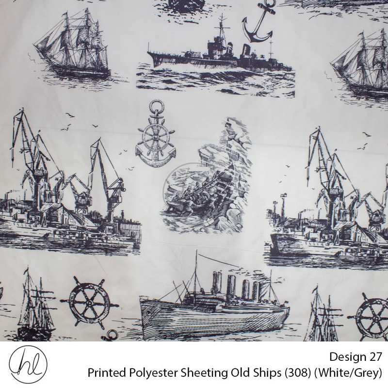 Printed Polyester Sheeting 240cm Old Ships White Grey Per m