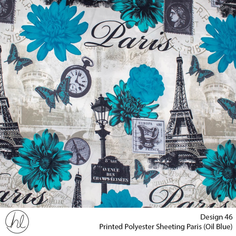 Printed Polyester Sheeting 240cm Paris Oil Blue Per m