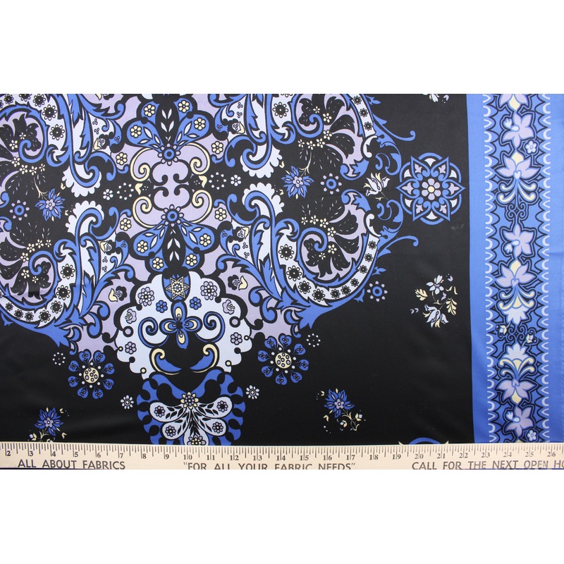 Chiffon Paisley Fabric with Border in Azure Blue