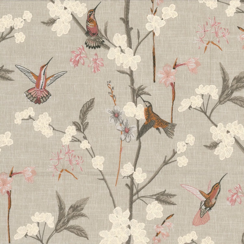Pindler Libby Hummingbird Garden Embroidered Fabric in Natural