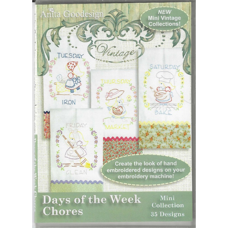 Days if the Week Chores by Anita Goodesign vintage embroidery CD with 35 designs