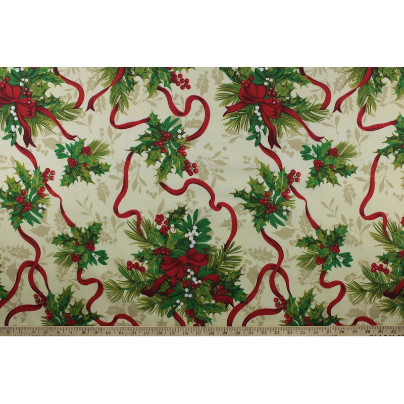 Traditional Holly and Red Ribbon Christmas Fabric in Cream