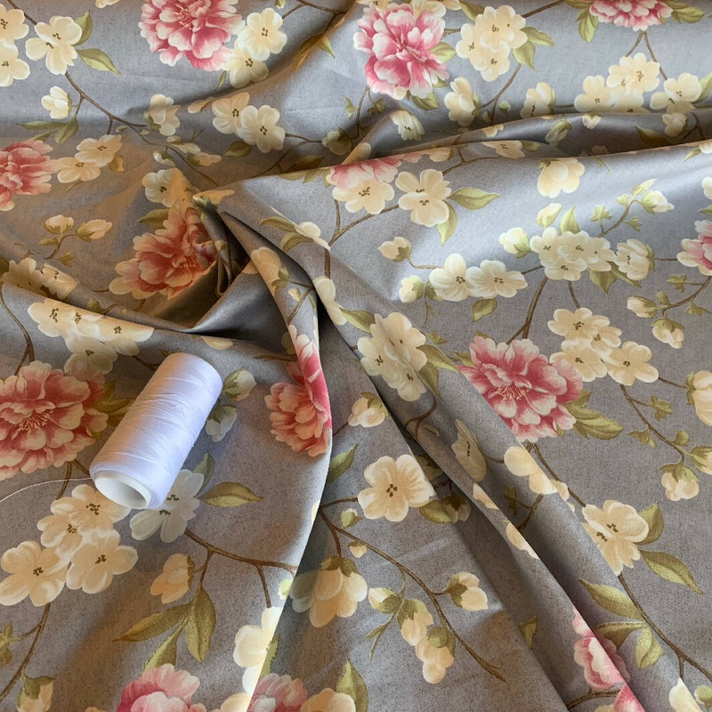 Blue, Cream and Pink Polyester and Cotton Sateen Floral Print - Yardage