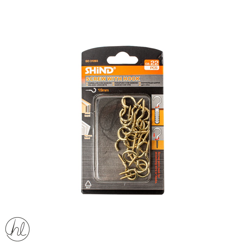 SCREW WITH HOOK  19MM GOLD