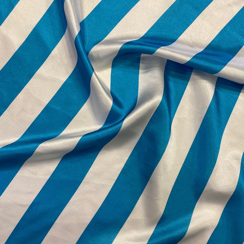 2" Satin Stripe Wholesale Fabric in White and Turquoise