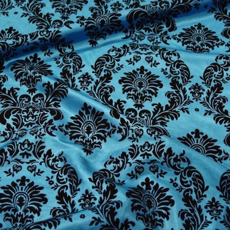Damask Flocking Taffeta Wholesale Fabric in Black on Turquoise