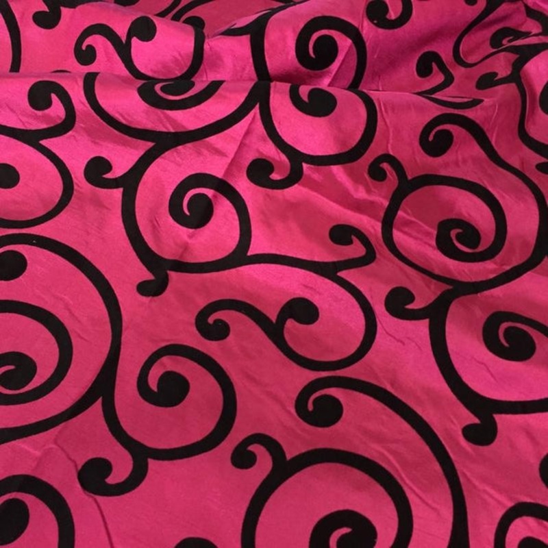 Swirl Flocking Taffeta Wholesale Fabric in  Black on Fuchsia