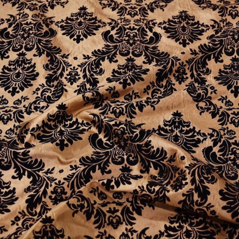 Damask Flocking Taffeta Wholesale Fabric in Black on Gold