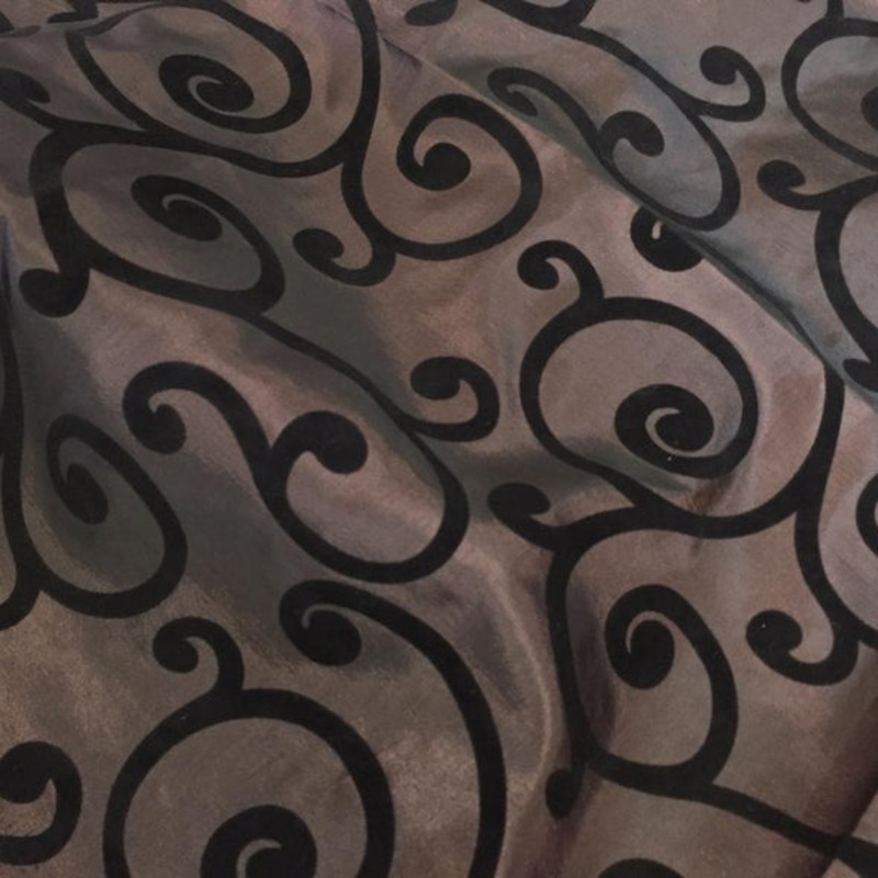 Swirl Flocking Taffeta Wholesale Fabric in  Black on Brown