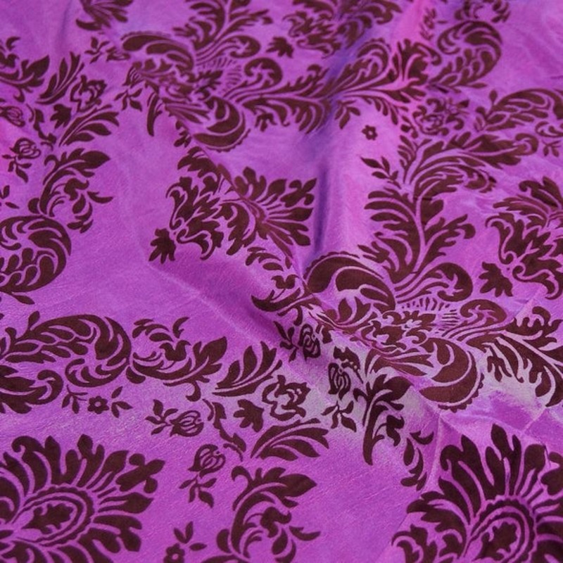 Damask Flocking Taffeta Wholesale Fabric in Brown on Magenta