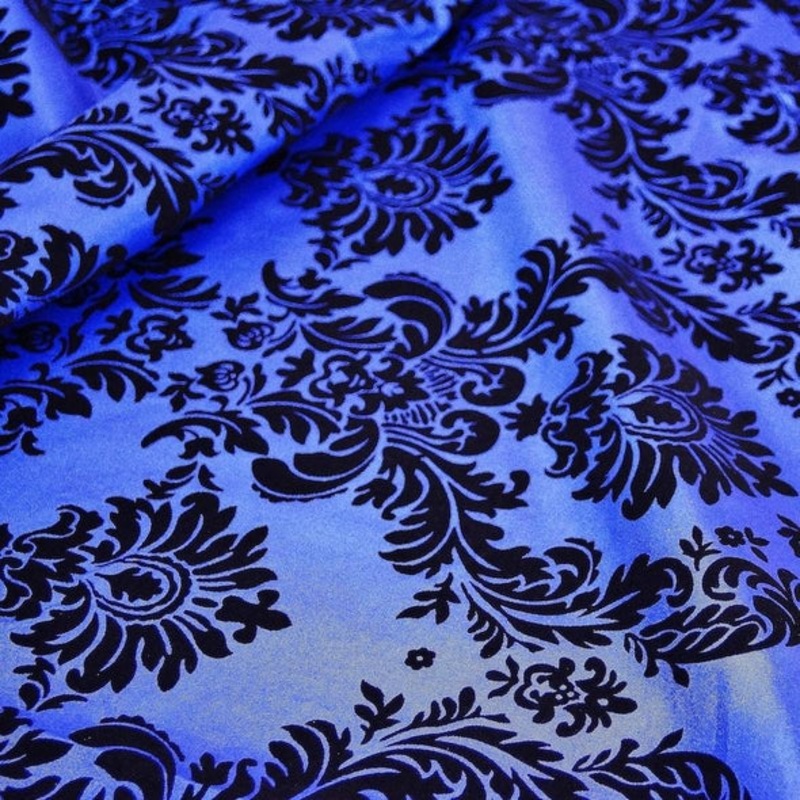 Damask Flocking Taffeta Wholesale Fabric in Black on Royal