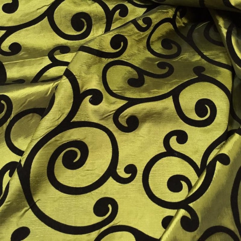 Swirl Flocking Taffeta Wholesale Fabric in  Black on Olive