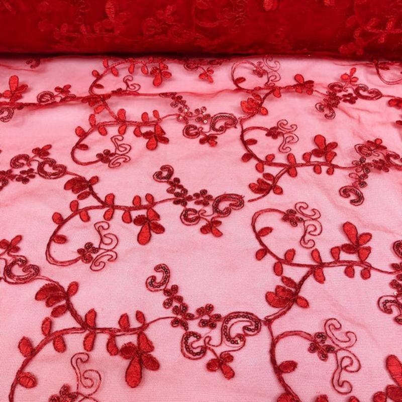 Basil Leaf Embroidery Wholesale Fabric in Red