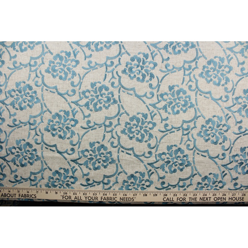 Duralee Song Embroidered Fabric in Natural/Aqua 73034-693