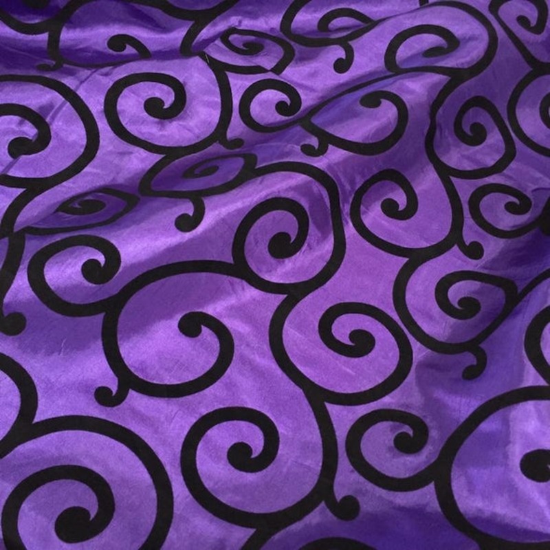 Swirl Flocking Taffeta Wholesale Fabric in  Black on Purple