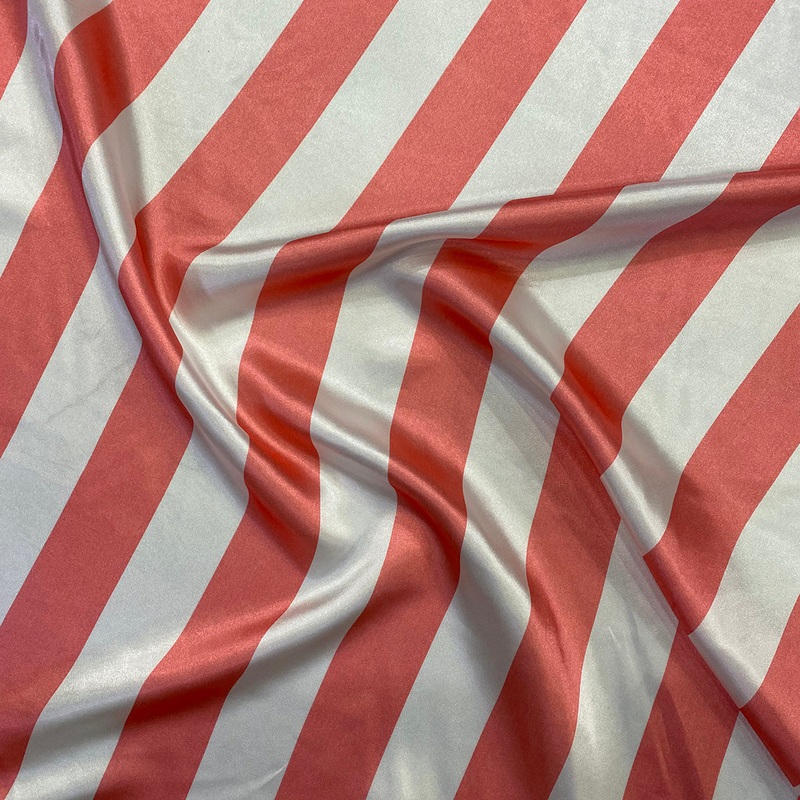 2" Satin Stripe Wholesale Fabric in White and Coral