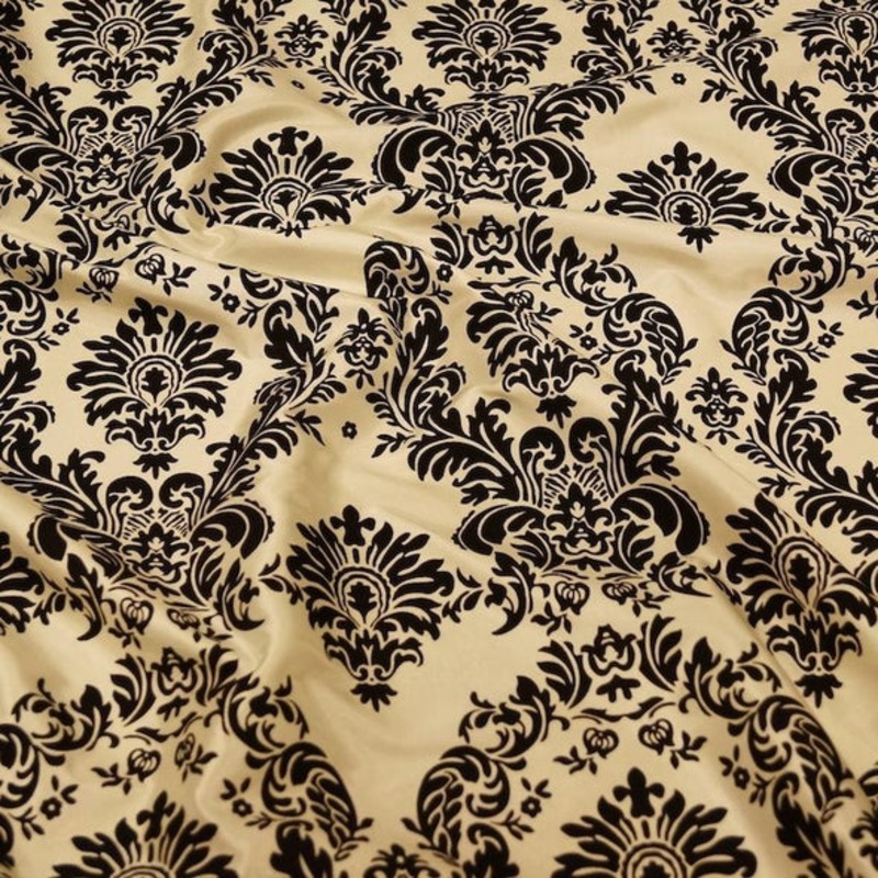 Damask Flocking Taffeta Wholesale Fabric in Black on Ivory