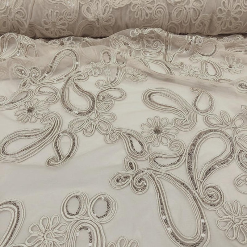 Paisley Floret Sequins Wholesale Fabric in Champagne