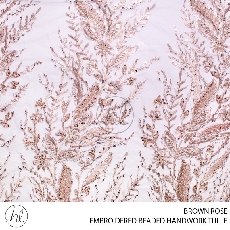 EMBROIDERED BEADED HANDWORK TULLE 55 BROWN ROSE 140CM PER M