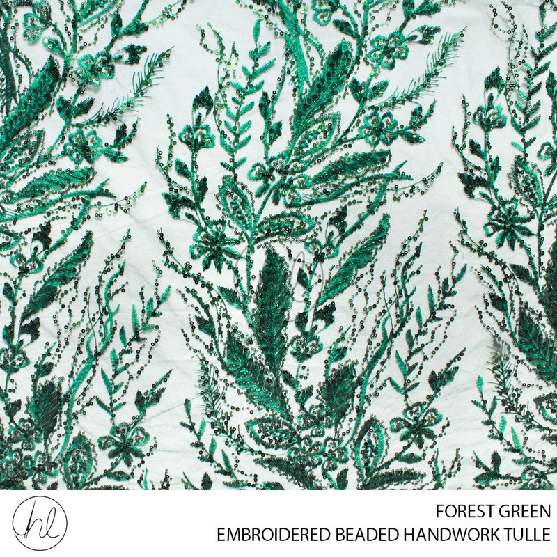 EMBROIDERED BEADED HANDWORK TULLE 55 FOREST GREEN  140CM PER M