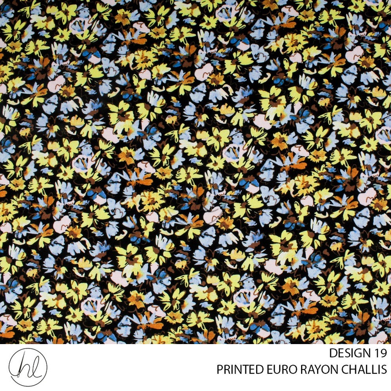 PRINTED EURO RAYON CHALLIS PER M BLACKDESIGN 20 150CM WIDE