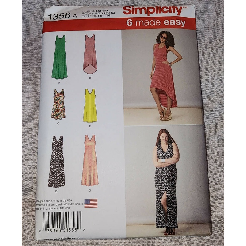 Simplicity 1358 - Misses Dress, UC/FF, SZ xxs-xxl