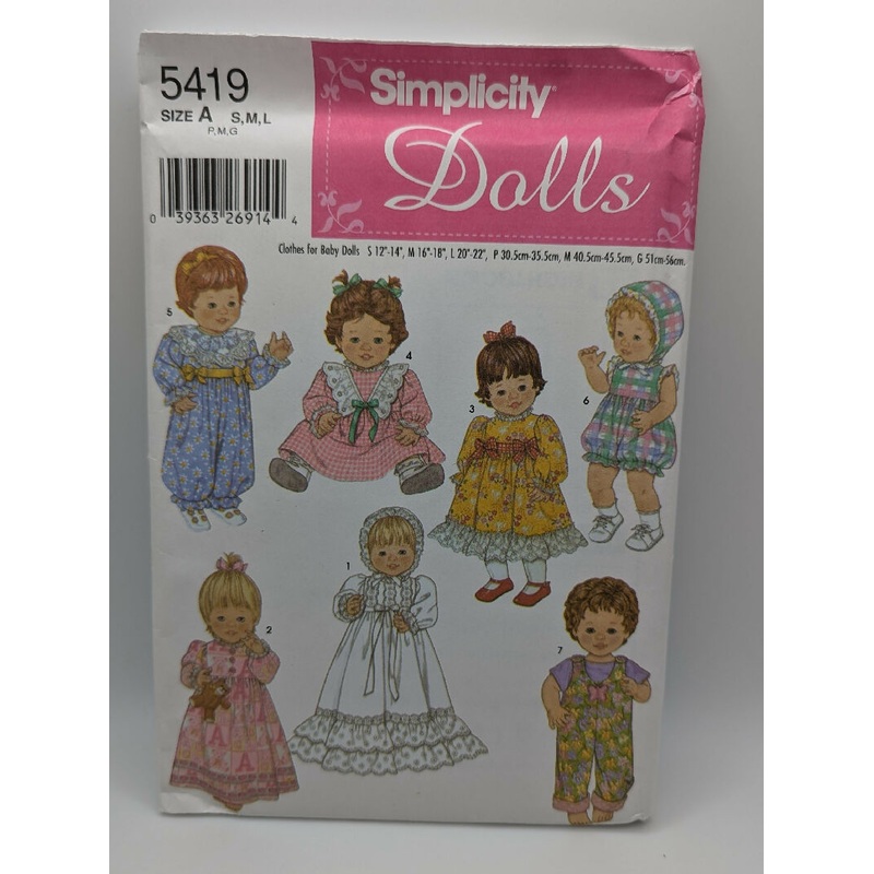 Simplicity 5419 Dolls Wardrobe for Baby Doll Pattern For 12"-22" Dolls