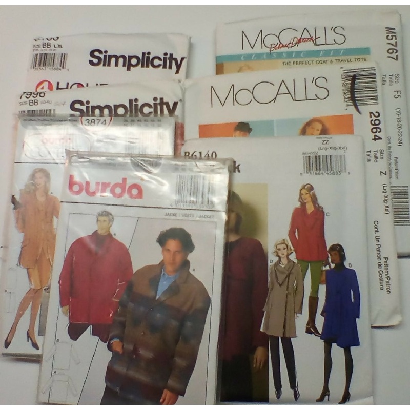 Coat, Jacket Pattern Lot of 7. Women's, Unisex. Some Vintage, Plus Size. Uncut, FF