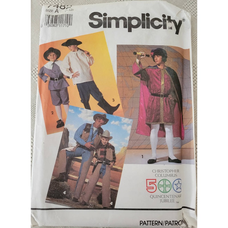 Costume Simplicity Pattern #7482 Explorer, Pilgrim, Cowboy, Colonial size A Children's (7-12)