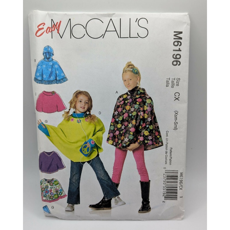 McCall's 6196 Easy Children's Ponchos & Arm Warmers Pattern Sizes XS-S