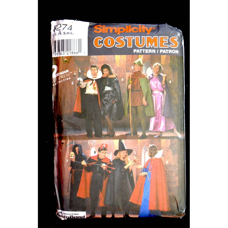 Vintage 1990 Simplicity 8274 Costume Sewing Pattern UNCUT - Sizes S, M, L - Maid Marion, Vampire, Robin Hood, Dracula, Devil, Grim Reaper